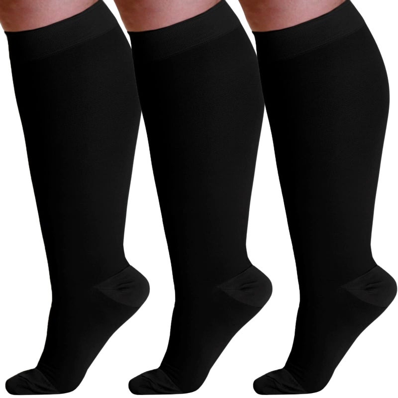 ABSOLUTE SUPPORT 3 Pairs Plus Size Opaque Compression Socks for Women and Men 2030mmHg Knee High for Diabetic Lymphedema Swelling Pregnancy Circulation Black 3XLarge A501BL63